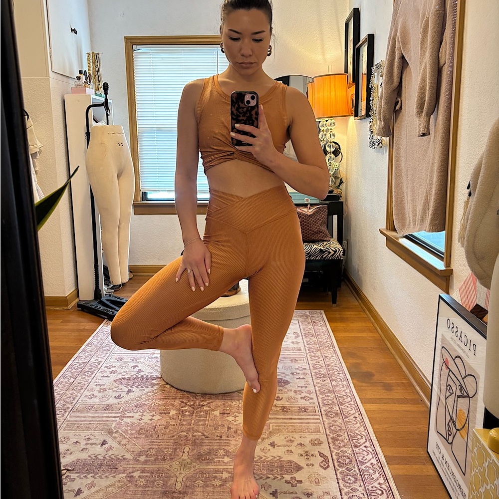 aerie Ribbed Cutout Sports Bra and High-Waist Leggings Set in Rust